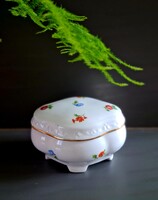 Antik kis színes virágos apró rózsás Drasche porcelán bonbonier / ékszertartó