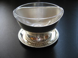 Antik fonott kötél mintás ezüstözött kaviáros, vajas, fűszerestálka üveg betéttel