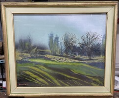 Dobrovits Ferenc - Vidéki táj, olaj-farost festmény, 54*44 cm