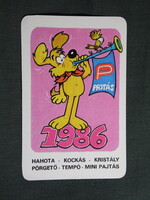 Kártyanaptár,Pajtás ifjúsági,úttörő magazin,újság,grafikai rajzos, humoros,kutya,1986,  (2)