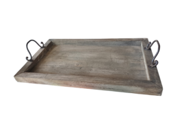 51,5*31 cm-es, szép, rusztikus, masszív fa szervírozó tálca vas fülekkel