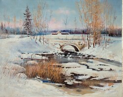 Finta László festmény, tájkép, 40x60 cm, kerettel: 56x76 cm