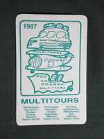 Kártyanaptár,Multitours utazási iroda,Budapest,Szeged,Pécs,grafikai,autóbusz,hajó,repülő,1987, (2)