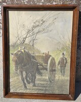 HAZAFELÉ, Ék Sándor Lovaskocsis grafika 29,5x38,5 1972
