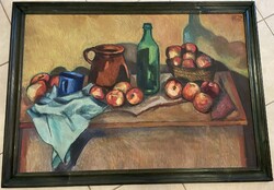 Kőrösi Sándor: Almás csendélet. Eredeti, szignózott olajfestmény 1972-ből, 60.8x87.5, fa keretben.