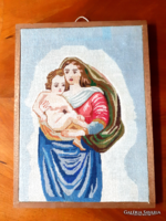 Tűgobelin  kép, szentkép, fa keretben. 36x26,5 cm