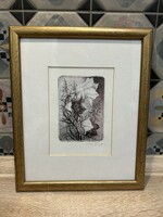 Eredeti Hertay Mária rézkarc - liliomok, szürkéslila színben, 22x27 cm kerettel