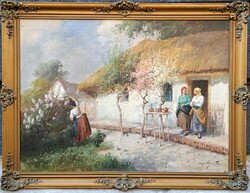 Ács Ágoston (1889-1947) : Lányok az udvaron, 60x80 cm.