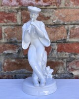 Zsolnay fehér furulyázó juhász porcelán figura - figurális szobor - nipp