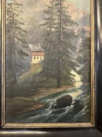 Antik alpesi tájkép házikóval – Olaj, vászon (71x40 cm)