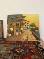 Mediterrán tengerparti életkép kislánnyal – Márok P. olajfestmény (60x50 cm)