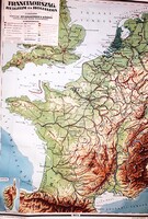 1934.Antik Dr . KOGUTOWITZ KÁROLY óriás iskolai falitérkép FRANCIA és a BENELUX 90 x 121 cm