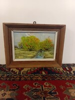 Hangulatos őszi tájkép patakkal – Jelzett olajfestmény (26x20 cm)
