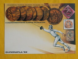 Díjjegyes levelezőlap - 1992. Olympiafila/Gerevich vívó bajnok - Szolnoki hídavatás bélyegzése 1992.