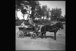 Régi fotónegatív Kocsis egyenruhában, lovaskocsi gyermekkel úton  1930/40-es évek