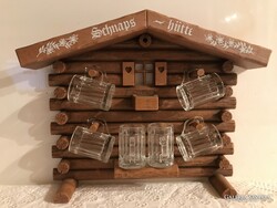 POHÁRTARTÓ + 6 db POHÁR - ÜVEG -  HÜTTE - NSZK - PLASZTIK - 30 x 23 x 5 cm