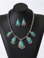 Vintage Természetes Türkiz Köves És Gyöngyös Nyaklánc Fülbevaló Szett Oxidált Ezüst Ékszerdoboz Új!
