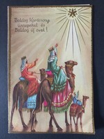 Háromkirályok karácsonyi üdvözlőlap, színes, kb. 1950–60-as évek