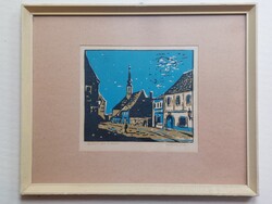 Nechánszky József „Fortuna utca a Várban” című, szignózott, színes linómetszet üvegezett keretben