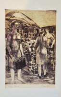 Tokaji szüret Papp László rézkarc (37x52cm) szép állapotban, különleges retro stílusú női alakokkal