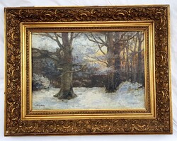 Perlmutter Izsák - Téli erdő olajfestmény 50x35cm