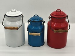 Fehér, Kék ,Piros 3db Bonyhádi tejeskanna, kanna Zománcos Zománcozott nosztalgia darab paraszti