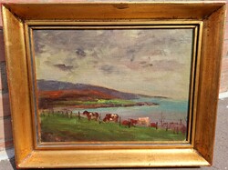 Csapó Jenő (1875-1954) Legelésző Tehenek A Balatonnál