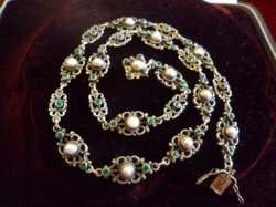 Antik szecessziós mesterjeles, jelzett  ezüst nyaklánc -  gyöngyökkel smaragdzöld kövekkel