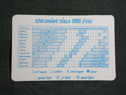 Kártyanaptár,Pécs horgász egyesület,szolunáris tábla,1989  (2)