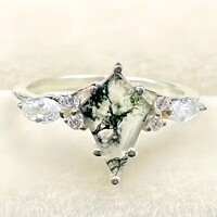 Természetes Moha Achát Köves Ezüstözött Gyűrű 5A Cirkónia Kövek Nemesfém Hipoallergén Ékszerdoboz Új