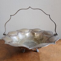 Pazar régi oroszlánlábas, ezüstözött asztalközép/kínáló tál (25,2x24,2x19 cm)