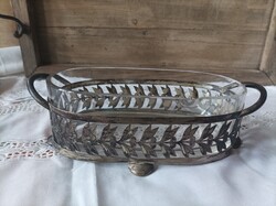 Gyönyörű, régi, ezüstözött, angol füles tálka üveg betéttel, 23,5 * 10 cm