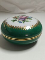 Ritkább Herendi porcelán zöld fond festésű bonbonier, ékszertartó - 7 x 12 cm