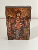 Szűz Mária a Gyermek Jézussal – kis fa ikon (8×12,5×3 cm)