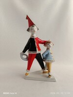 Art deco stílusú hollóházi PORCELÁNFIGURA - Bohóc kislánnyal