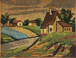1Z488 Házak a patakparton - régi tűgobelin faragott keretben 22.5 x 19 cm