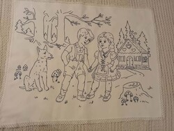 Régi hímzett vászon konyhai falvédő, Jancsi és Juliska, 73x58