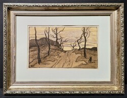 Körösfői Kriesch Aladár: Szecessziós táj (keretezett litográfia) Naplemente - gödöllői művésztelep