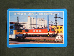 Kártyanaptár, MÁV, vasút, balesetmegelőzés, V43 villanymozdony, vasútállomás, 1990  (2)