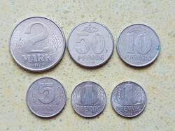Németország NDK 6 db Különböző Érme 1 5 10 50 Pfennig 2 Márka 1958-1975