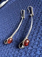 Vintage borostyán hosszú akasztós ezüst fülbevaló