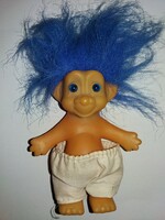 Retro MINŐSÉGI műanyag trafikáru SZERENCSEHOZÓ KÉK HAJÚ TROLL BABA FIGURA 14 cm HIBÁTLAN