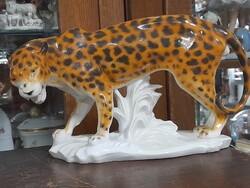 Alt Német,Germany Volkstedt Karl ENS Nagyméretű,Kézi Festett Porcelán Leopárd Figura.25 cm