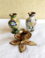 Zománc festett réz váza /vázák (cloisonne) és egy réz gyertyatartó