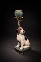 Kutyás porcelán és bronz gyertatartó