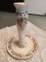 Zsolnay porcelán vajszínű gyertyatartó dombor vadvirágos arany konturos széllel, hullámos talppal!
