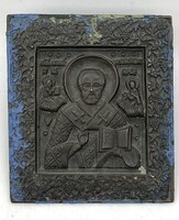 Orosz ortodox antik bronz Szent Miklós a csodatévő ikon, Krisztussal és az Istenanyával