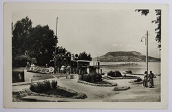 Képeslap, Fonyód, Hajóállomás 1957 Gőzös, móló