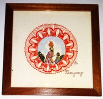 PARAGUAY -Ñandutí csipkével KERETEZETT reprezentatív kézzzelkészült indián népi falidísz kép 12x12cm