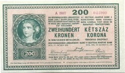 200 korona 1918 eredeti hullámos hátlap 3. Hátoldalon "Kiskunhalas R.T. Város Adóhivatala" pecséttel